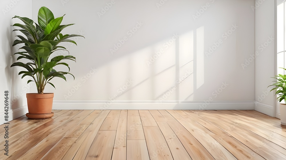 An empty white room with a wooden floor and a potted plant An empty white room with a wooden floor and a potted plant