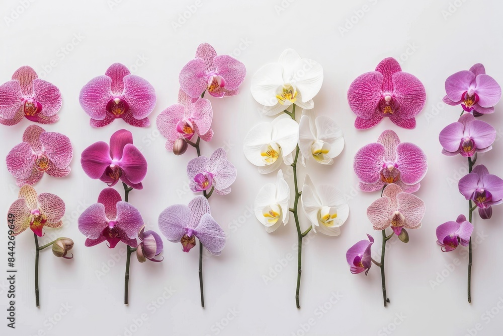 A row of orchid blooms arranged neatly against a white backdrop A row of orchid blooms arranged neatly against a white backdrop