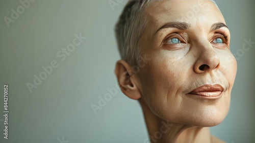 Elderly Woman with Short Gray Hair Showing Confident Expression and Blue Eyes photo