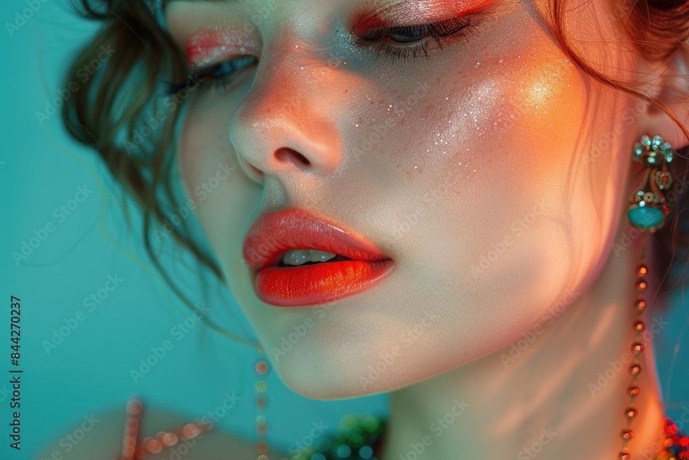 Close-Up Portrait of Woman with Glitter Makeup and Bright Red Lips Under Dramatic Lighting Close-Up Portrait of Woman with Glitter Makeup and Bright Red Lips Under Dramatic Lighting