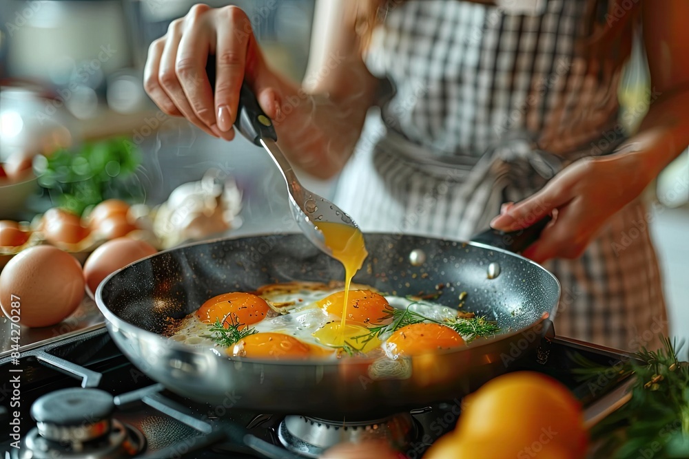 Woman Cooking Fresh Eggs in a Skillet with Herbs in a Modern Kitchen Setting Woman Cooking Fresh Eggs in a Skillet with Herbs in a Modern Kitchen Setting