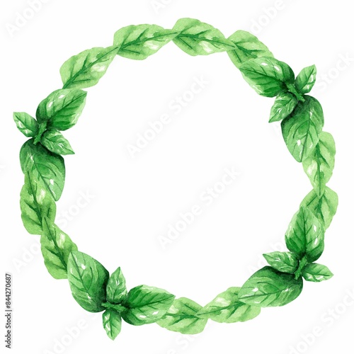 Frame wreath of green basil leaves. Hand drawn watercolor illustration on white background. Template for design banner, cards, flyers.