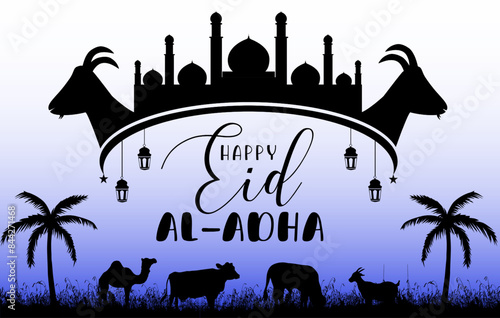 Vibrant Eid-al-Adha Mubarak Celebration Graphic on Blue Background with Animal Silhouettes for Social Media Marketing