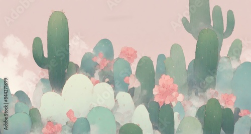 Fototapeta Naklejka Na Ścianę i Meble -  Abstract Background with Cactus Illustrations in Dusty Pink, Cactus Green, and Beige Palette