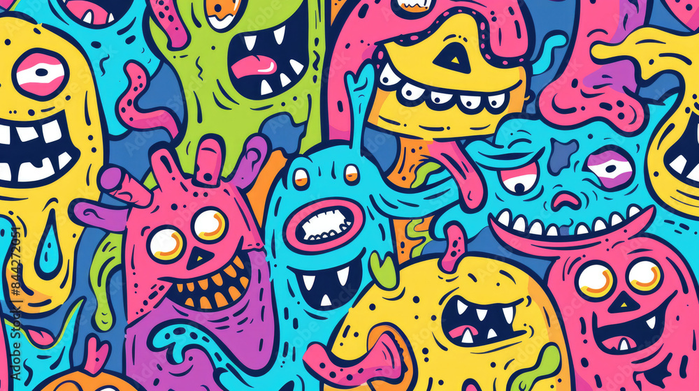 Smiling Cute Monster Doodles Vibrant and Cheerful Pattern with Happy Face Smiling Cute Monster Doodles Vibrant and Cheerful Pattern with Happy Face