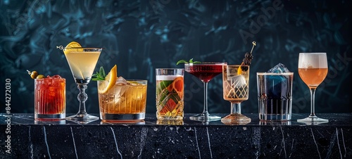 Alcoholic drinks. Different types of alcoholic drinks are poured into different types of glasses. 
