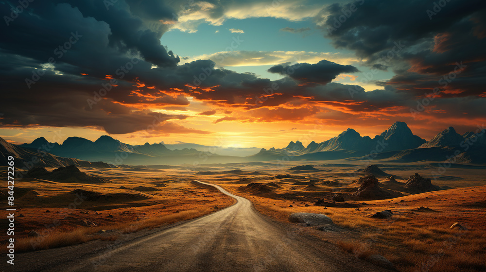 Fototapeta premium road pass through between mountains during sunset