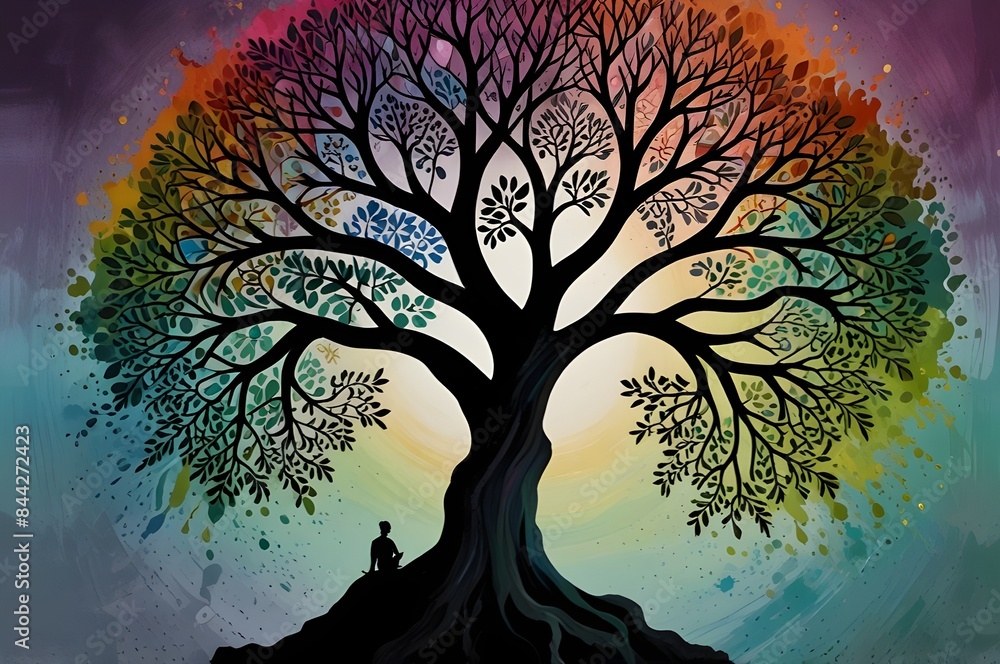 A person who meditates under a tree for spiritual healing. A person who meditates under a tree for spiritual healing.