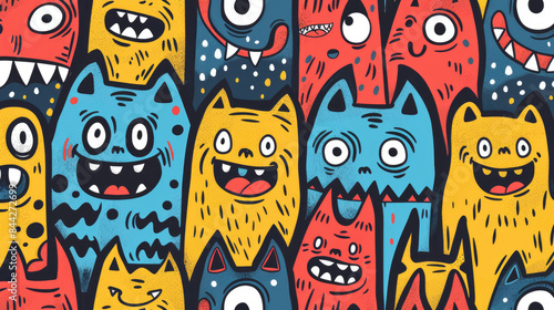 Smiling Cute Monster Doodles Vibrant and Cheerful Pattern with Happy Face