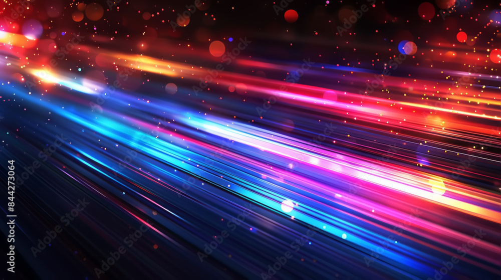 Streaks of neon lights in red, blue, purple, and orange creating a vibrant and futuristic atmosphere with a sense of motion Streaks of neon lights in red, blue, purple, and orange creating a vibrant and futuristic atmosphere with a sense of motion