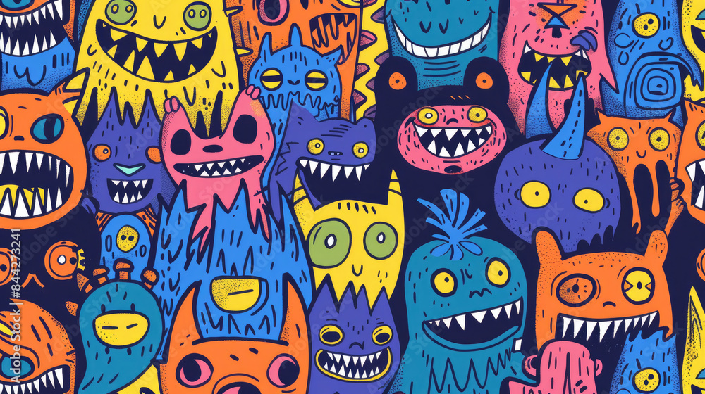 Smiling Cute Monster Doodles Vibrant and Cheerful Pattern with Happy Face Smiling Cute Monster Doodles Vibrant and Cheerful Pattern with Happy Face