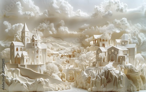 This paper sculpture diorama depicts an ancient Europ village, church