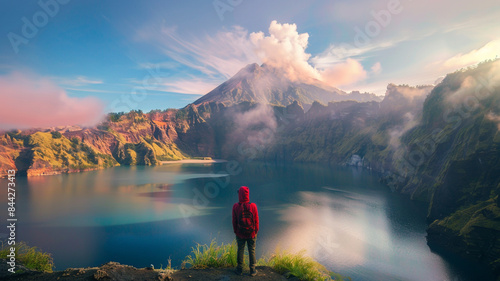 Beautiful nature background with unidentified hiker at Segara Anak Lake in early morning. Mount Rinjani is an active volcano in Lombok, indonesia. Soft focus due to long exposure. photo