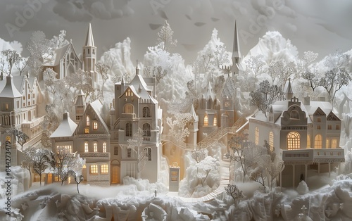 This paper sculpture diorama depicts an ancient Europ village, church in radiant neon