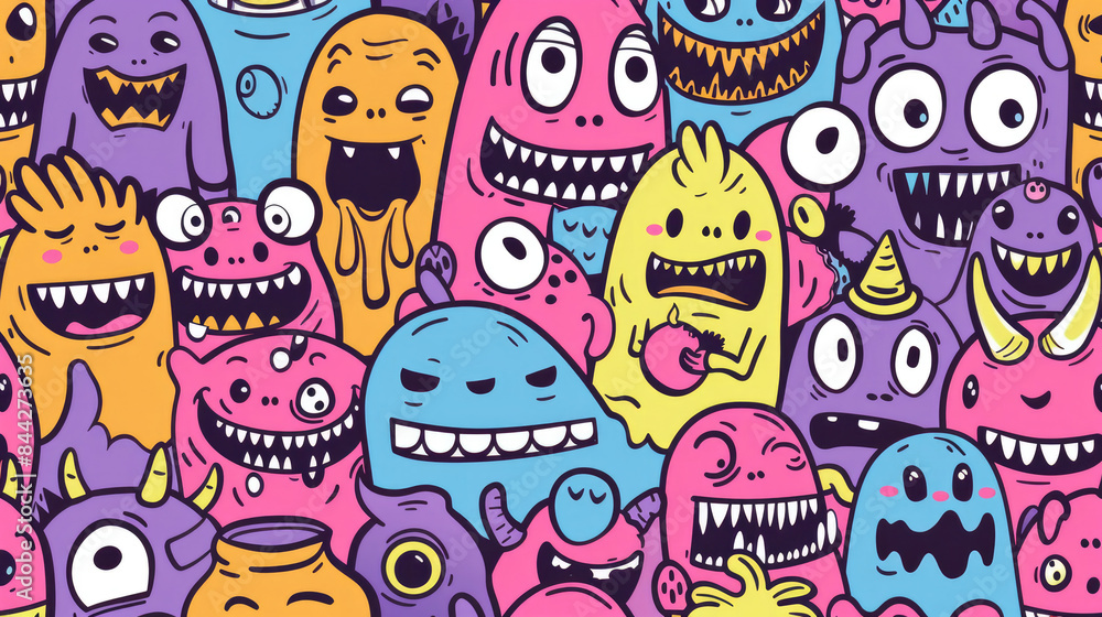 Smiling Cute Monster Doodles Vibrant and Cheerful Pattern with Happy Face Smiling Cute Monster Doodles Vibrant and Cheerful Pattern with Happy Face