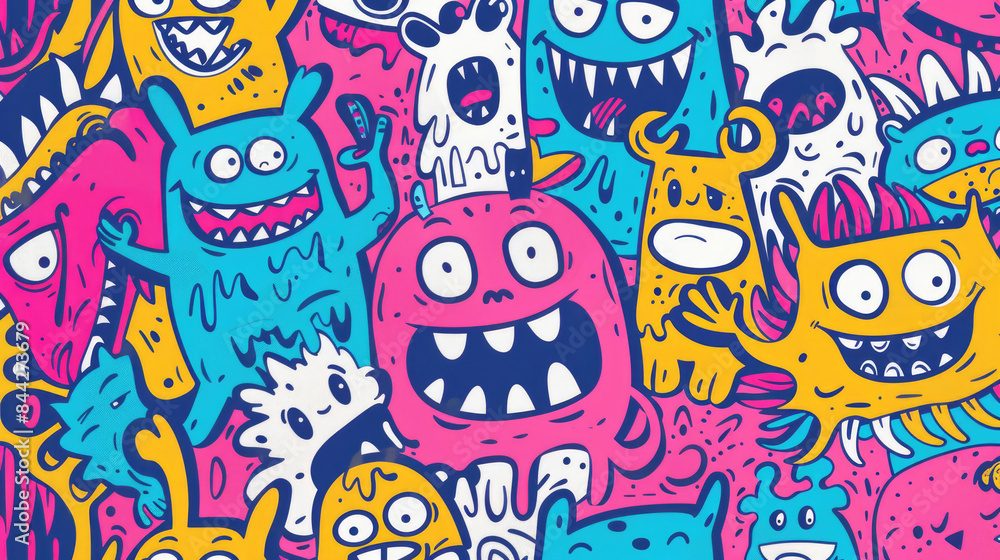Smiling Cute Monster Doodles Vibrant and Cheerful Pattern with Happy Face Smiling Cute Monster Doodles Vibrant and Cheerful Pattern with Happy Face