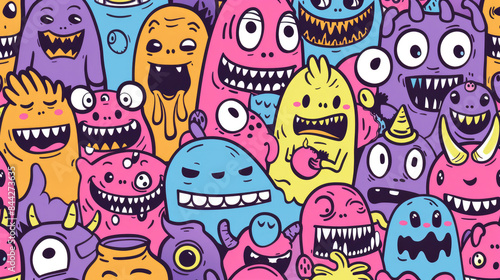 Smiling Cute Monster Doodles Vibrant and Cheerful Pattern with Happy Face
