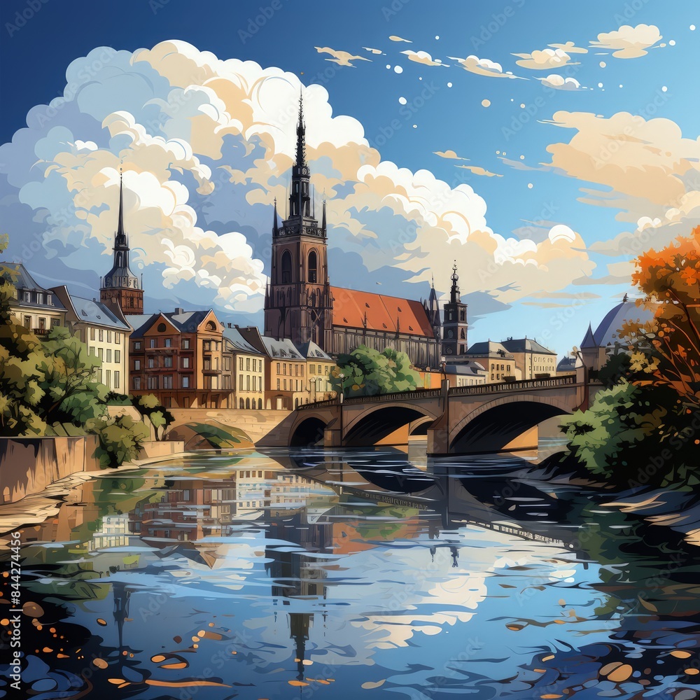 Fototapeta premium a painting of a Wroclaw city with a bridge and a river