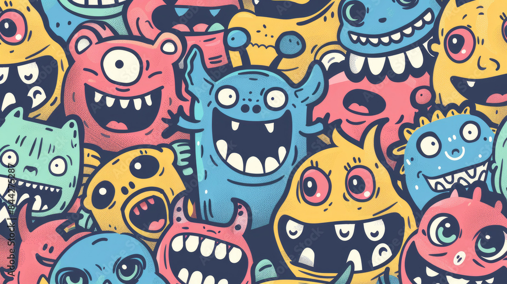 Smiling Cute Monster Doodles Vibrant and Cheerful Pattern with Happy Face Smiling Cute Monster Doodles Vibrant and Cheerful Pattern with Happy Face