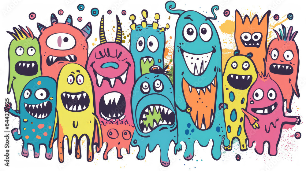 Fototapeta premium Smiling Cute Monster Doodles Vibrant and Cheerful Pattern with Happy Face