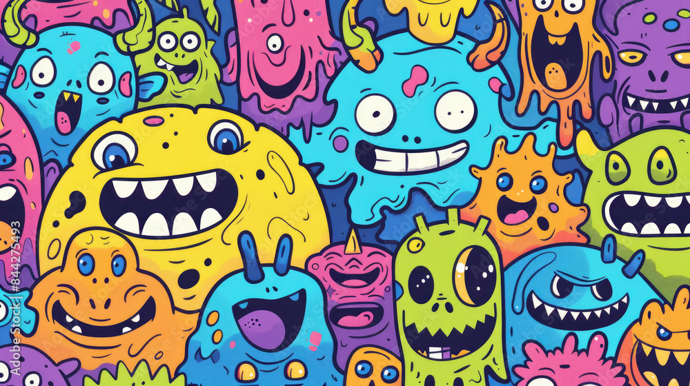 Smiling Cute Monster Doodles Vibrant and Cheerful Pattern with Happy Face Smiling Cute Monster Doodles Vibrant and Cheerful Pattern with Happy Face