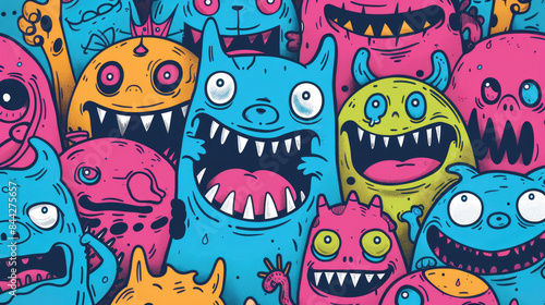Smiling Cute Monster Doodles Vibrant and Cheerful Pattern with Happy Face