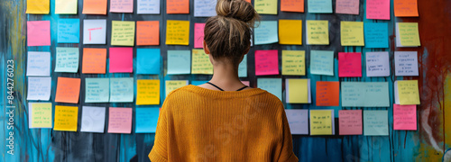 social media manager planning content with sticky notes