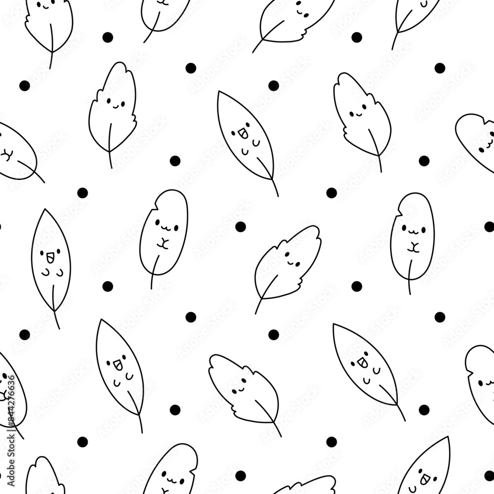 Fototapeta premium Funny kawaii leaf cartoon character. Seamless pattern. Coloring Page. Cute nature plant. Hand drawn style. Vector drawing. Design ornaments.
