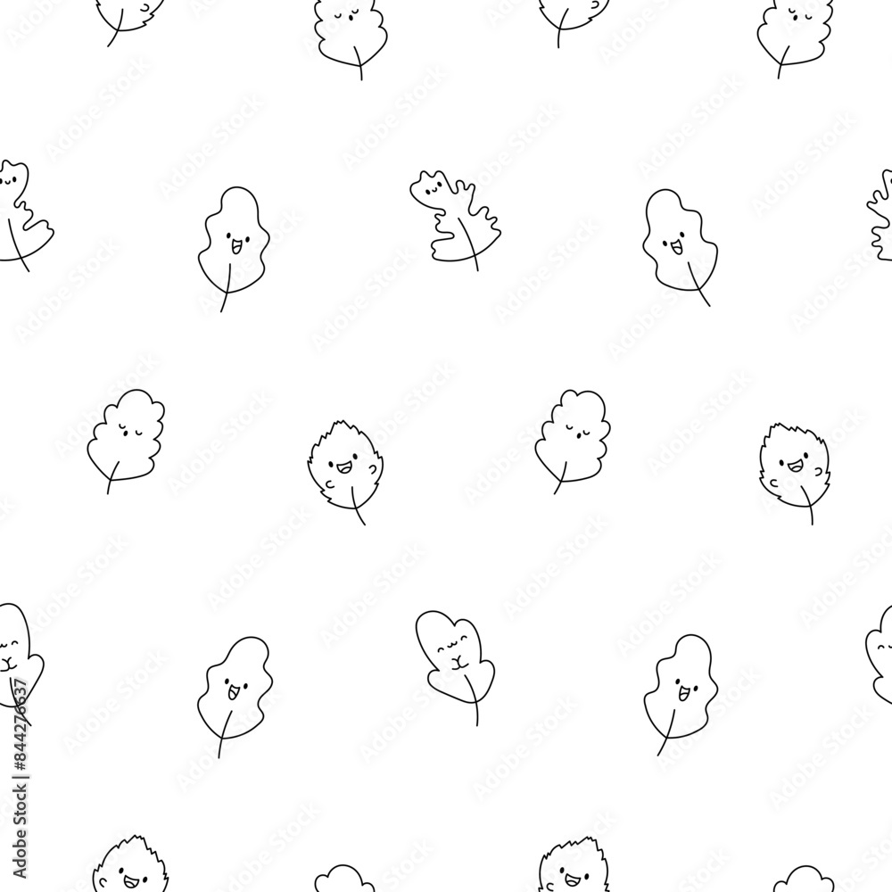 Fototapeta premium Funny kawaii leaf cartoon character. Seamless pattern. Coloring Page. Cute nature plant. Hand drawn style. Vector drawing. Design ornaments.