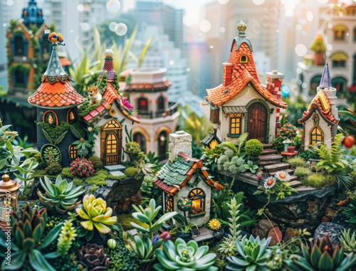 Whimsical miniature fairy tale village with lush green succulents, colorful tiny houses, and enchanting urban background. © KanitChurem