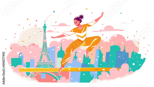 Energetic Female Gymnast Balancing on Beam in Paris Illustration.