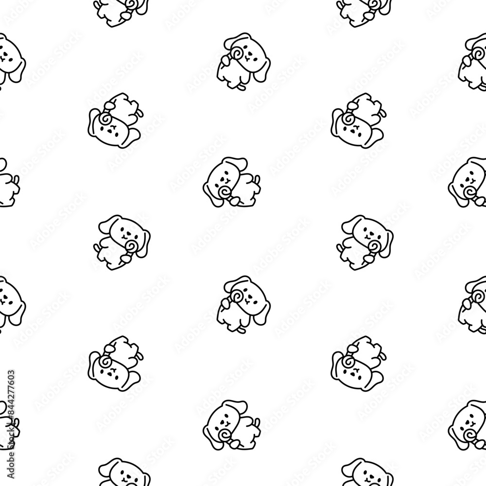 Cute kawaii little dog. Seamless pattern. Coloring Page. Pet cartoon character. Hand drawn style. Vector drawing. Design ornaments. Cute kawaii little dog. Seamless pattern. Coloring Page. Pet cartoon character. Hand drawn style. Vector drawing. Design ornaments.