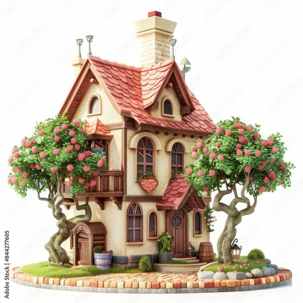 Fototapeta premium Charming Cottage with Red Roof and Flower Trees