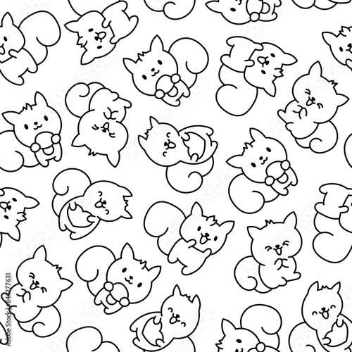 Cute kawaii squirrel. Seamless pattern. Coloring Page. Funny forest wild cartoon animal characters. Hand drawn style. Vector drawing. Design ornaments.