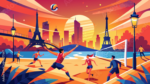 Vibrant Beach Volleyball Game Near Eiffel Tower At Sunset. 