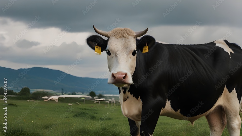 An adult large cow is white and brown in color. Cattle. Animals on the farm. Rural fauna. Mammals, Dairy Cow, livestock fair cow, Closeup of a black and white cow



