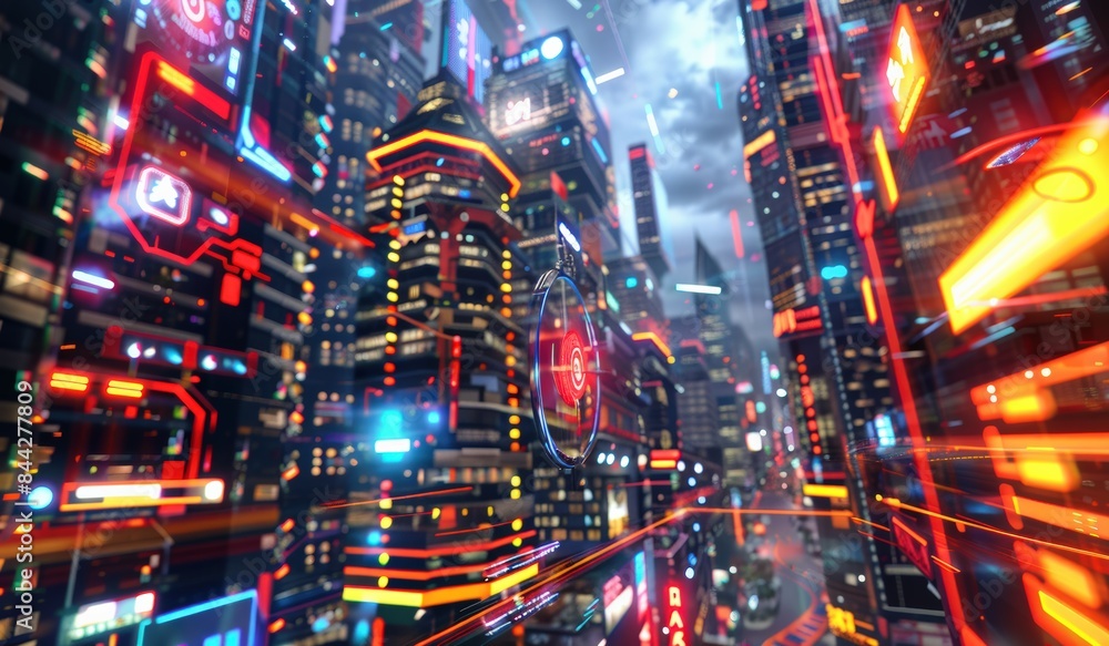 Vibrant futuristic cityscape with neon lights and towering skyscrapers, depicting a high-tech urban environment at night. Vibrant futuristic cityscape with neon lights and towering skyscrapers, depicting a high-tech urban environment at night.