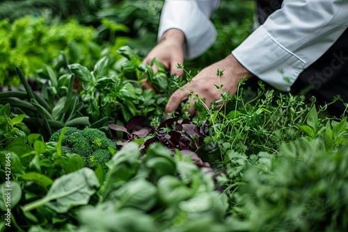 A chef is picking vegetables from a garden