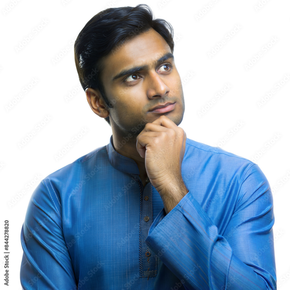 Thoughtful Young Man Wearing Blue Kurta Against on Transparent Background Thoughtful Young Man Wearing Blue Kurta Against on Transparent Background