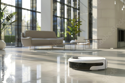 white round robot vacum cleaner  doing cleaning in a modern commercial office closeup
