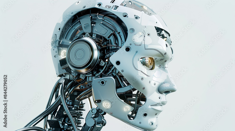 A robot head with a pair of headphones on its head A robot head with a pair of headphones on its head