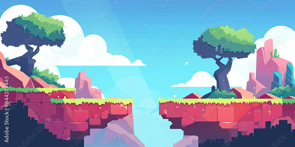 Obraz premium Landscape background, gaming level design backdrop gamer graphics style retro scrolling platform backgrounds, generated ai