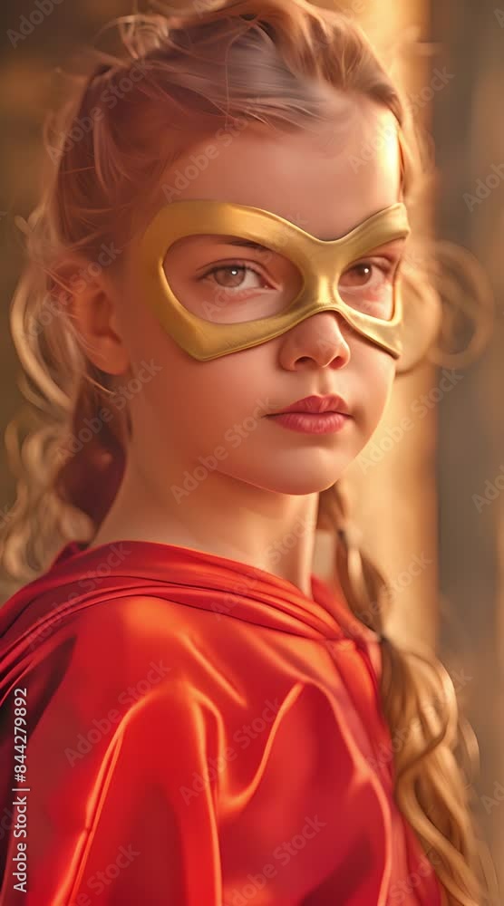 Adorned as a superhero, the young girl strikes a confident and imaginative attitude. Adorned as a superhero, the young girl strikes a confident and imaginative attitude.