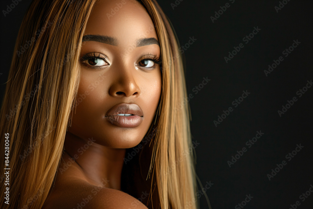 a woman with long hair and a black background