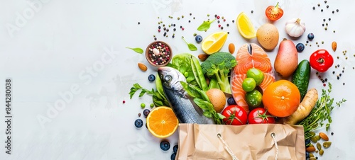 Fototapeta Naklejka Na Ścianę i Meble -  Healthy eating. Healthy food in a paper bag of fish, vegetables and fruits on white. Grocery supermarket concep