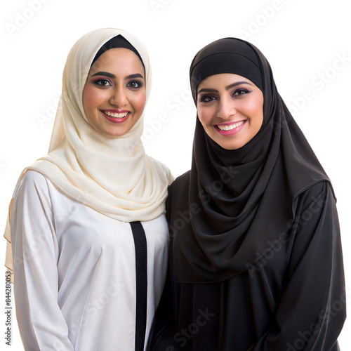 Two Women Wearing Hijab Smiling Together on Transparent Background photo