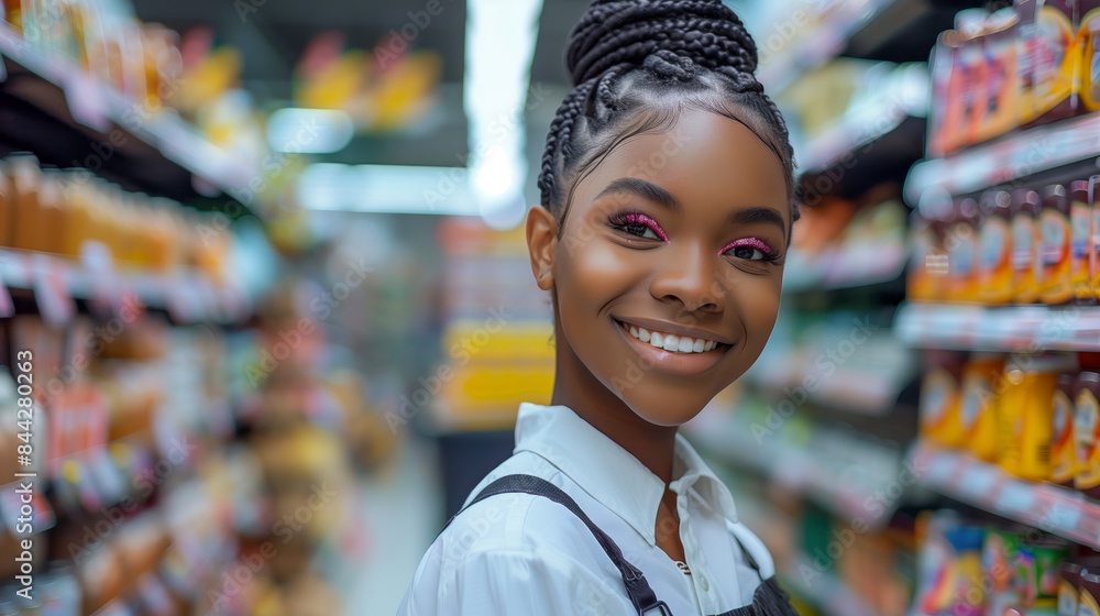 Fototapeta premium A beautiful young Black woman with braided hair smiles at the camera. working in a retail environment. The background is a store with shelves full of various products