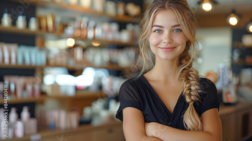 A beautiful young woman with blonde hair in a braid, wearing a black dress, standing in a cosmetics store. 