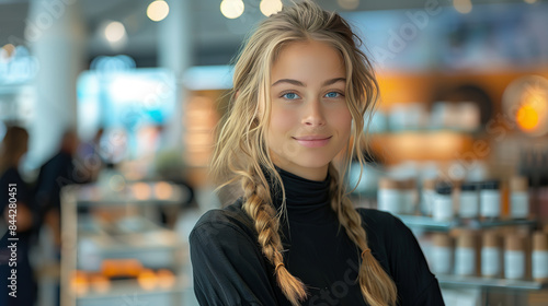 A beautiful young woman with blonde hair in a braid, wearing a black dress, standing in a cosmetics store. 