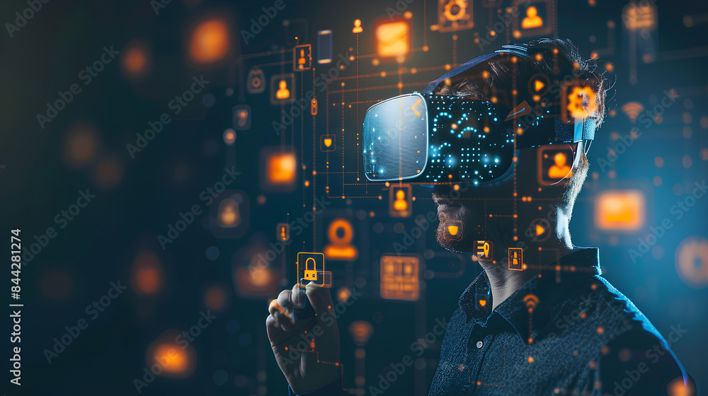 Fototapeta premium Man using virtual reality headset with digital icons interface overlay